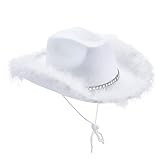 Geagodelia Damen Cowboyhut mit Flauschig und Glitzer Dekoration Cowgirl Hut Mütze Kopfbedeckung für Party Halloween Karneval Kostüm Kostümzubehör (Weiß)