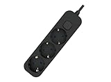 Schwarze Mehrfachsteckdose mit 3 Steckdosen mit Schalter, 1,5 m langes Kabel, ideal zum sicheren Anschluss mehrerer Geräte.