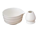 kowaku 2-teilige Teeschale mit Ausgießer, Keramik-Matcha-Schale mit Schneebesenhalter, traditionelle Matcha-Schale, Weiß
