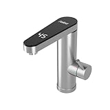 Fudeer wasserhahn mit durchlauferhitzer 230V, 3.3KW Badezimmer Elektrischer Wasserhahn mit digitaler Anzeige (30-45℃),Schnelles Aufheizen, 120° drehbarer Auslauf, 304 Edelstahl(Silber)