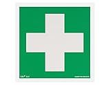 notlok Safety Work - Erste Hilfe Schild - Weißes Kreuz [ 15 x 15 cm ] | Nachleuchtende Kunststoffplatte + Aufkleber für einfache Montage | DIN EN ISO 7010 | Aufkleber Medizin, Sicherheitsschilder