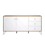 trendteam smart living - Touch - Sideboard - Weiß/Eiche - Highboard mit 2 Türen und 3 Schubladen - Fronten mit dekorativer Fräsung - (BxHxT) 183 x 76 x 40 cm - extravagante schwarze Metallfüße