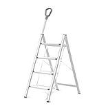 Mehrzweck-Teleskopleiter aus Aluminium mit breitem Pedal und faltbarer 4-stufiger Haushaltsleiter für Familienbüro und mehr (weiß)