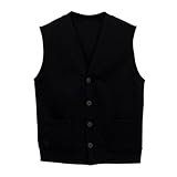 Allthemen Herren Weste Gestrickt Winter Strickweste Baumwolle V Ausschnitt Strickjacke Ärmellos mit Knöpfen Schwarz L