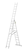 DRABEST - Home - Aluminium-Leiter - 3x11 Sprossen - Max. 5,64 m lang - Max. Arbeitshöhe 6,55 m - bis 150 kg - 3-teilig - Mehrzweck-, Steh-, Auszieh- Klappleiter - rutschfest - Verstellbar