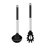 Silikon Suppenkelle und Spaghettilöffel Set - 2er Silikon Schöpfkelle und Nudellöffel mit Griff aus Edelstahl, Antihaft und Gesund, zum Kochen,Suppe,Sauce,Rühren,Hitzebeständiger