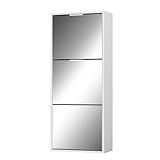 UEV Schuhschrank mit 3 Spiegeltür, Spiegelschuhschrank schmal Holz, Schuhkipper Schuhkommode mit Kippschutz, Schuhaufbewahrung, Schuhregal Flur Verstellbare Trennwände für Verschiedene Schuhtypen Weiß