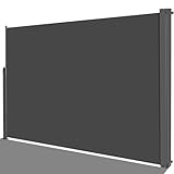 Seitenmarkise 180 x 300cm (H x L),Seitenwandmarkise Ausziehbar, Sichtschutz,Seitenrollo,Blickdicht,Windschutz Markise Ausziehbar,PU Beschichtung,Sonnenschutz,Wasserdicht,für Balkon und Terrassen, Grau