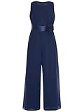 Moggemol Mädchen Jumpsuit Festlich Ärmellos Overall Sommer Blumenmädchenkleid Lang Weites Bein Hose Mit Taillengürtel Für Party Hochzeit Kommunion Navy blau 146-152