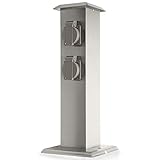 Grafner Edelstahl Gartensteckdose mit 4 Steckdosen, IP54, eckig, Klarlack-Beschichtung, Energiesäule Mehrfachsteckdose Outdoor Metall Außensteckdose 4-Fach