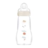MAM Feel Good Glass Bottle Babyflasche | 0+ Monate | Stillfreundliche Milchflasche für Neugeborene | 94% Akzeptanz | Trinkflasche für Babys mit Sauger Gr. 1 | 260 ml | Robbe