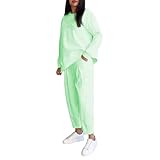 Warmer Schlafanzug für Damen, Fitnessstudio-Sets für Damen, Geburtstag, lässig, Rundhalsausschnitt, locker, unregelmäßig, langärmelig, Hose, Anzug, Sportbekleidung, Jogger-Sets, grün, L