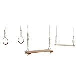 Idena 40394 - Schaukel Set aus Holz mit Brettschaukel, Trapez und Ringen, für Kinder ab 5 Jahren, mit verstellbaren Halteseilen und Stahlringen, Tragkraft bis 50 kg