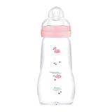 MAM Feel Good Glass Bottle Babyflasche | 0+ Monate | Stillfreundliche Milchflasche für Neugeborene | 94% Akzeptanz | Trinkflasche für Babys mit Sauger Gr. 1 | 260 ml | Schwan