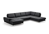 Cavadore Wohnlandschaft Castiel mit Federkern / Sofalandschaft mit XL-Longchair, Sitztiefenverstellung, satinierten Metallfüßen / 363 x 89 x 223 / Echtleder, Schwarz