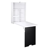 HOMCOM Schreibtisch Wandtisch Wandklapptisch mit Tafel, 5 Fächern, Klappschreibtisch Klappbarer Computertisch für Büro Weiß+Schwarz 60 x 94,5 x 147 cm