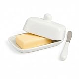 Keramik-Butterdose mit Deckel, ausgestattet mit einem Messer, eine schwarz-weiße rechteckige Butterdose, verwendet für Theken, Küchendekoration und Butterlagerräume. (Weiß, Mittel)