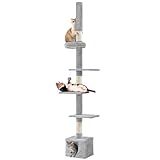Yaheetech Kratzbaum Deckenhoch XXL, Höhenverstellbar 226-265 cm, Moderner Katzenbaum mit Kratzsäulen & Katzenhaus, Hellgrau