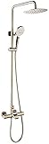 TATITZRO Dusche, Thermostatisches Gold-Luxus-Duscharmatur-Set, Messing-Umstellmischer, Wasserfall-Regendusche mit 10-Zoll-Regenduschkopf und Handbrause, Wal