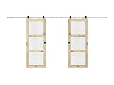 Vente-unique-Doppel-Schiebetür mit Laufschiene mit 3 Fenstern - 2 x 205 x 63 cm - Holz - Sicherheitsglas - Acosta II