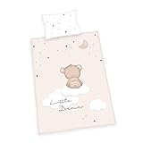 Herding Little Dreamer Bettwäsche-Set, MADE IN GREEN by OEKO TEX, Kopfkissenbezug ca. 40 x 60 cm, Bettbezug ca. 135 x 100 cm, Mit Knopfverschluss, 100% Baumwolle/Flanell, Weiß/Beige