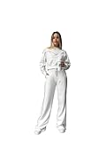 Damen Casual Sportanzug Gestreift Rundhals Langarm Kordelzug Hose Zweiteiliger Anzug, weiß, XL