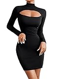 SOLY HUX Bodycon Kleid Damen Langarm Minikleid Cut Outs Kleider Herbst Partykleid Bleistift Kurzkleid Freizeitkleid Schwarz S