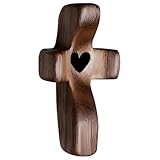 XPEX 1 Stück Geschnitztes Handschmeichler,5X3Cm Klein Holzkreuz, Handschmeichler Holz, Handgeschnitztes Liebeskreuz Aus Holz Mit Schwarz Herzen Für Andachtsgebete Taufe Kommunion