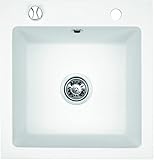Granitspüle 48x50 Weiß Hochwertig beidseitig Montierbar Küchenspüle Eckig Einbaugranitspüle Granit Spülbecken f. Unterschränke ab 45 cm inkl.Siphon Set