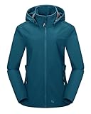 Outdoor Ventures Damen Softshelljacke Kurze Gefütterte Funktionsjacke Wasserdichte Übergangsjacke mit Abnehmbarer Kapuze Regenjacke Outdoor Regenmantel Softshellmantel für Wandern Keramik Blau M