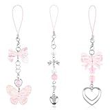 3 Stück Niedliche Handy Anhänger Y2K Handy Anhänger, ästhetische Handy-Anhänger, Rosa Schmetterling, Herzform, Handy Anhänger für Handytasche, Geldbörse, Rucksack, Kamera Dekoration