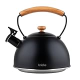 briebe Nordic Wasserkessel Induktion 2,3L, Flötenkessel, Edelstahl Teekessel Retro Alle Herdarten, GlasKeramikherd, Gas, Elektroherd, Holzgriff Cool-Touch, für Tee Kaffee, Tea pot, Schwarz