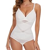 Joyshaper Shapewear Damen Body Shaper Bauchweg Formende Bodys Shape V-Ausschnitt Miederbody Figurformende Tops mit BH Weiß,L