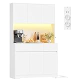 FirFurd 180cm Küchenschrank mit Arbeitsplatte und LED, Buffetschrank Hochschrank mit Steckdosenleiste und Verstellbaren Ablagen, Sideboard für Küche Wohnzimmer Esszimmer,100x38,5x180cm, weiß