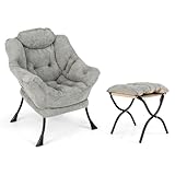 HOMASIS Relaxsessel gepolstert, Ohrensessel mit Armlehnen & Kopfkissen, Lesesessel mit Seitentasche, Fernsehsessel aus Stoff & Metall für Wohnzimmer Schlafzimmer (Modell 3 mit Hocker, Grau)
