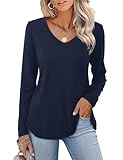 Beluring Damen Tshirt Lässig Langarm Tunika Oberteile V-Ausschnitt Bluse Marineblau L