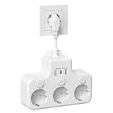 Steckdosenverteiler 3-Fach Einzeln Schaltbar, Verteilersteckdose Wandmontage mit 2 USB A & 1 USB C, Doppelstecker für Steckdose, Weiß