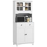 HOMCOM Küchenschrank Hochschrank mit Mikrowellenregal, 2 Schränken, 2 Schubladen, Vitrinenschrank mit Verstellbaren Ablagen, Buffetschrank für Wohnzimmer, Esszimmer, 74,5 x40 x 172 cm, Weiß