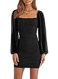 Wenrine Damen Kleider Party Cocktail Club Bodycon Kleid Hochzeitsgast Mesh Langarm Square Neck Minikleid Slim Fit(Schwarz,M)