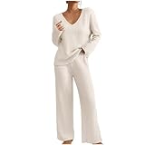 Damen Schlafanzug Lang Gerippt Zweiteiliger Pyjama Set Winter Loungewear Warm Hausanzug mit Flauschigem Stoff Kuschelig Jogginganzug