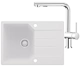 ANYCEE Spülbecken Set 65x45 cm Weiß aus inkl. Chrom Ausziehbar Küchenarmatur, Einbauspüle mit Siphon und Überlauf, Granitspüle Set mit Spültischarmatur für Unterschränke ab 40 cm