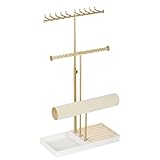 Tirzah 3-stufiger Verstellbarer Schmuckhalter-Organizer-Ständer mit 20 Haken für Halsketten, 18 Löchern für Ohrringe, Armbandhalter, 6 Ringrollen und Schmucktablett für Mädchen und Frauen