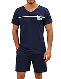 Marvmys Herren Schlafanzug Kurz Pyjama Baumwolle V-Ausschnitt Nightwear Nachtwäsche Pyjamaset Kurzarm T-Shirt Schlafanzughose Shorty Navy blau L