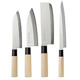 MBH - Set mit 4 professionellen japanischen Messern aus Stahl SUS 420J2, traditionelles Messerset mit Griff aus Pappelholz, einschließlich Santoku, Deba, Nakiri und Sashimi, hergestellt in Japan