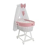 Moseskorb weiß mit Gestell, Matratze Baldachin und Bettwäsche aus Waffelstoff | Leisen Rädern (Rosa - Häschen)