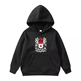 Kinder Fleece Weihnachtspullover SweatshirtBaumwolle Thermoshirt Einfarbig Sportshirt Kinder Mädchen Jungen Drucken Langarm Rundhals mit Kapuzen Weihnachtsoutfit für Jungen (1-Black, 3-4 Years)