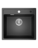 ANYCEE Spülbecken 45x46 cm, 1 Becken Einbauspüle, 80% Quarzsand Waschbecken Küche inkl Siphon, Granitspüle Schwarz für Unterschränke ab 45 cm Breite