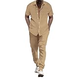 Beokeuioe Herren Freizeitanzug Sommer mit Streifen Hemd Kurzarm und Hose Weich Loungewear Jogginganzug Atmungsaktiv Zweiteiler Schlafanzug Hausanzug Strandanzug für Urlaub Yoga Anzug
