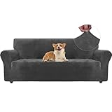 Ystyle Samt Sofabezug 3 Sitzer, Stretch Sofa Überzug, Sofaschoner rutschfest, Elastischer Couch Überzug, Sofa Cover Mit Armlehnen, Couchüberzüge Sofaschutz Katze Couch Überwurf, Grau