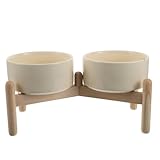 ORFOFE Erhöhte Keramik Futternäpfe mit Holzständer 850 ml für Kleine Hunde und Katzen Rutschfester Doppelnapf für Futter und Wasser 15,5cm Hoher Napfständer